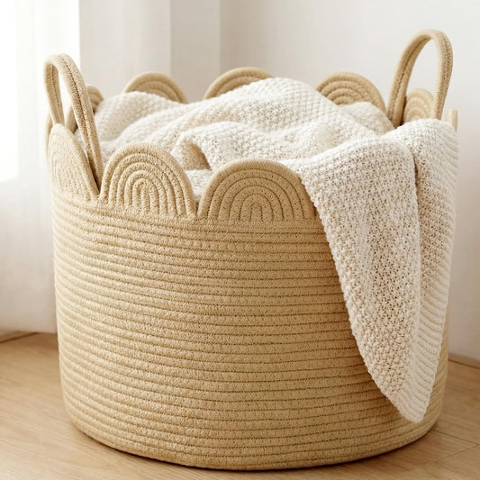 LemonRoad Brown Round Basket Large Blanket Basket 16" x 14" Scalloped Woven Baskets Cotton Storage Baskets for Nursery Classroom Closet Blankets Storage Home Decor