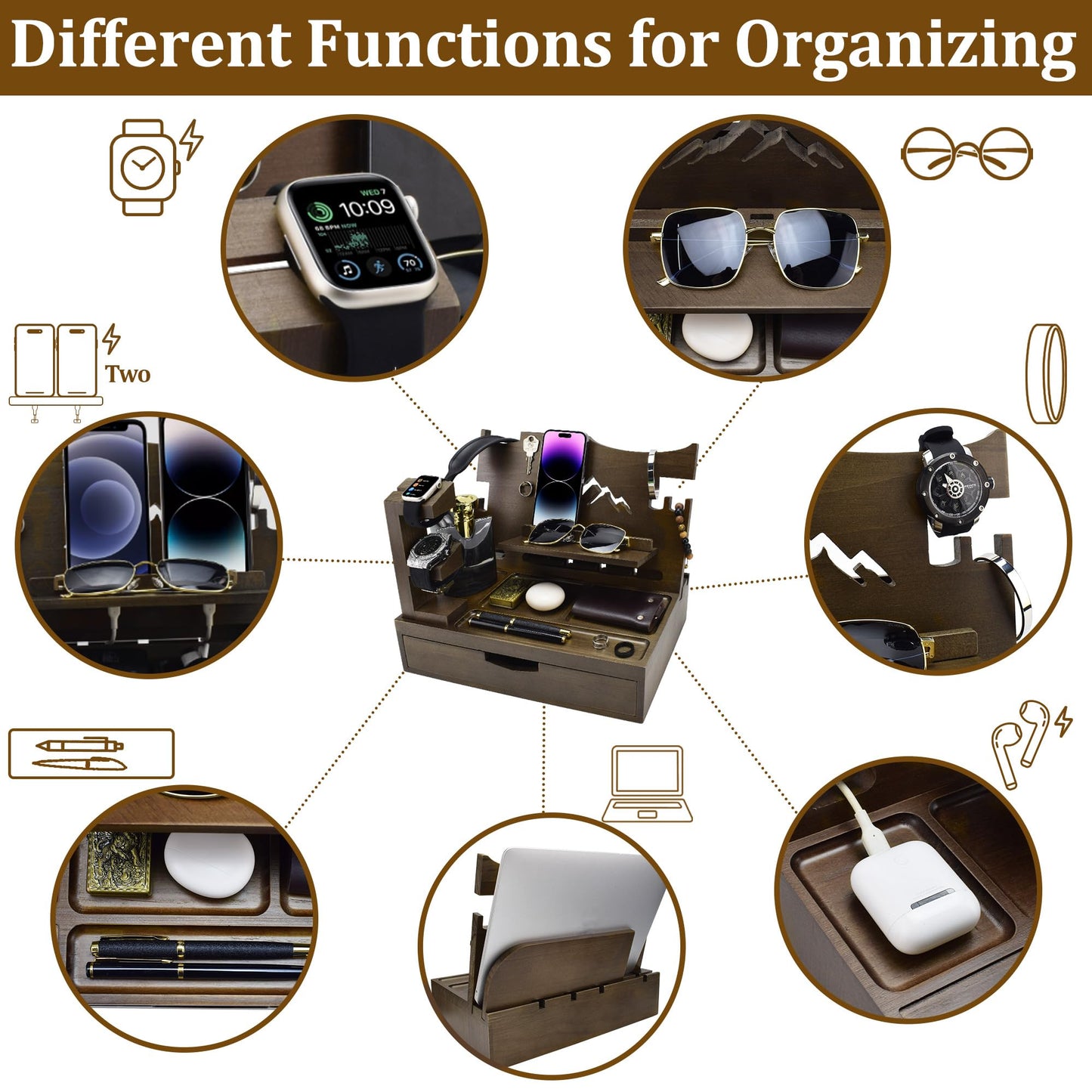 KWYADLUO Nightstand Organizer for Men with Large Drawer, Wood Phone Docking Station for Phone, Apple Watch, Wallet & Keys, Ideal Birthday Gift for Father Husband, Bedside Desk Organizer (Brown)