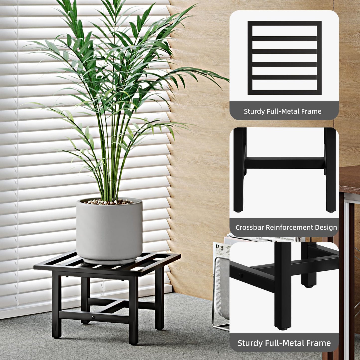 ZETONIQ Heavy Duty Metal Plant Stand Outdoor, 330 lbs Iron Square Plant Stand Indoor, Rustproof Low Pedestal for Large Flower Pots, Patio, Balcony, Garden Decor 2 Pack Black