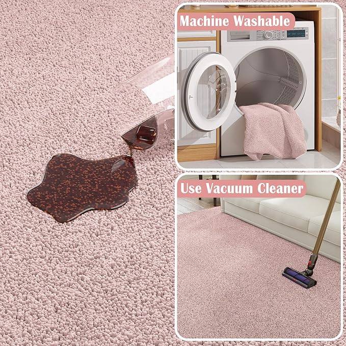 jinchan Solid Plush Area Rug 5x7 Performance Shaggy Washable Rug Indoor Soft Modern Faux Wool Cozy Non Slip Carpet for Living Room Kids Room Bedroom Dining Room Nursery Pink