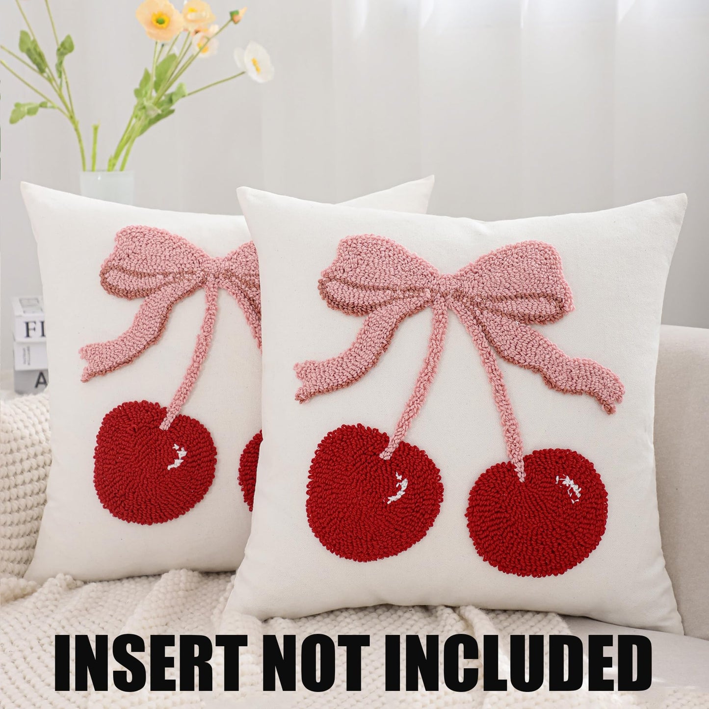 Tosleo Embroidered Throw Pillow Covers 18x18 Pack of 2 Red Cherry Decor Pillow Cover Farmhouse Pillow Cushion Cases Square Tufted Pillowcases for Summer Sofa Couch Bedroom