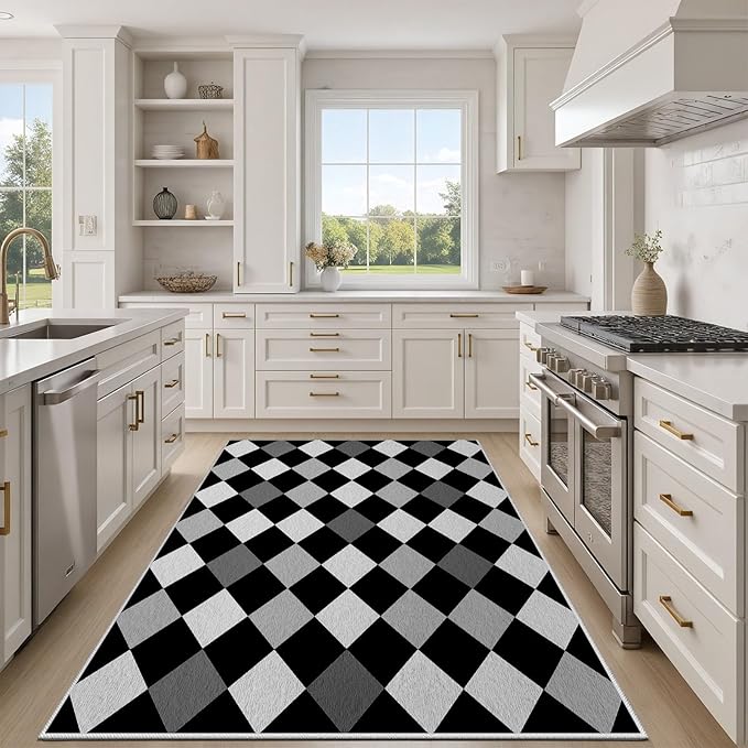 Black and White Rug 2x3, Rhombus Geometric Soft Ultra Soft Faux Wool Low Pile Rug, Indoor Floor Mats Carpet, Non-Slip Stain Resistant Washable Rugs, Modern Abstract Checkered Rugs for Living Room