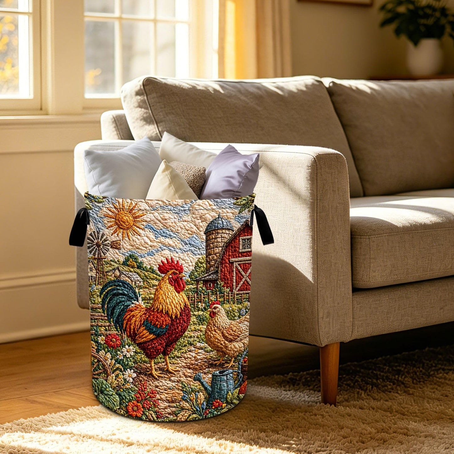 Rooster Print Laundry Basket Foldable Oxford Laundry Hamper With Handle For Room Bathroom Bedroom