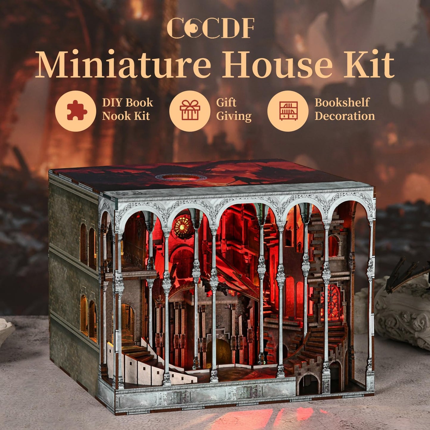 CCCDF Ember Castle DIY Book Nook Kit, 3D Wooden Puzzle Miniature Dollhouse Bookend with LED Light, Bookshelf Decor for Teens Adults