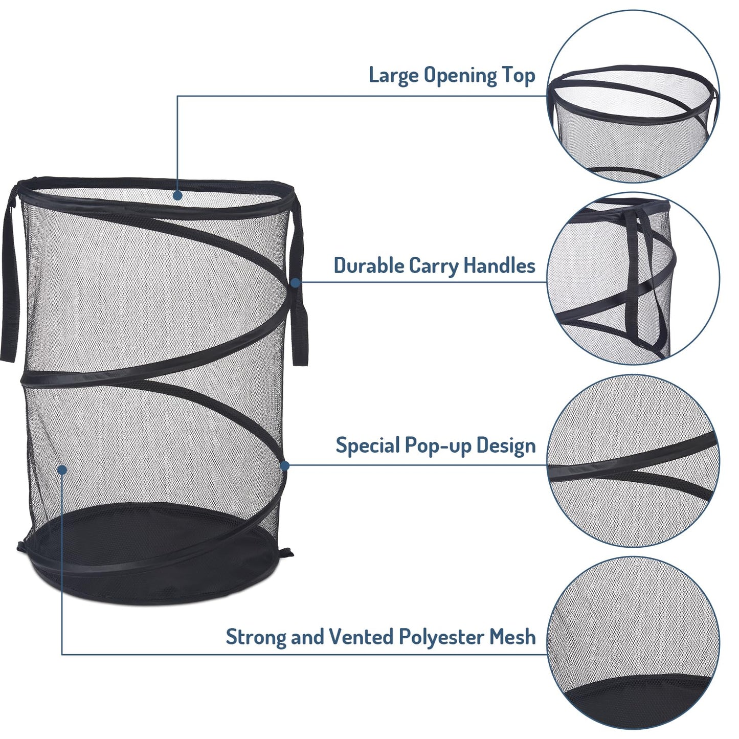 Seiritex 2Pcs Mesh Popup Laundry Hamper 115L Extra Large Collapsible Laundry Basket Foldable Clothing Storage Basket with Handles No Lid 26 H x 18 W x 18 L (Black)