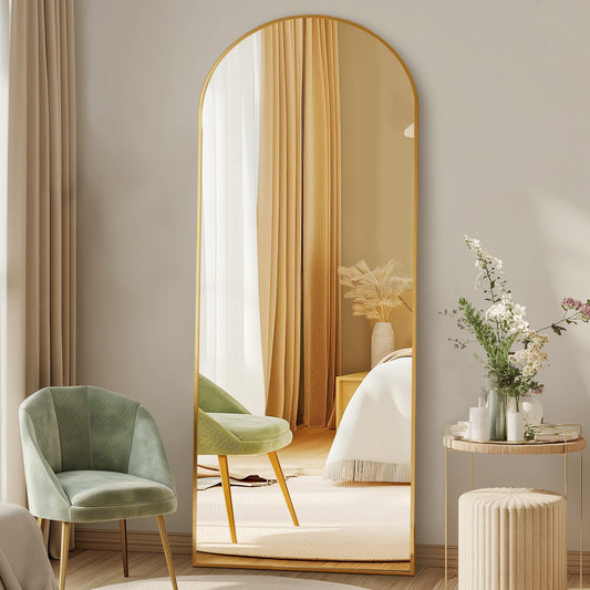 DUMOS Arched Full Length Mirror with Stand Floor Free Standing Aluminum Frame for Bedroom Body Hanging Leaning Modern Simple Home Decor Shatter-proorf Nano Glass Wall Gold 58"x19"