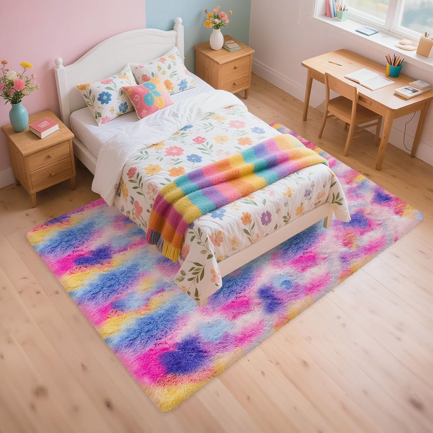 TENNOLA Rainbow Area Rugs 5x8 ft,Tie-Dyed Unicorn Fluffy Fuzzy Shaggy Carpet Soft Plush Furry Rug,for Bedroom Living Room Indoor Floor Rug Kids Girls Boys Home Decor Aesthetic, Dorm Nursery