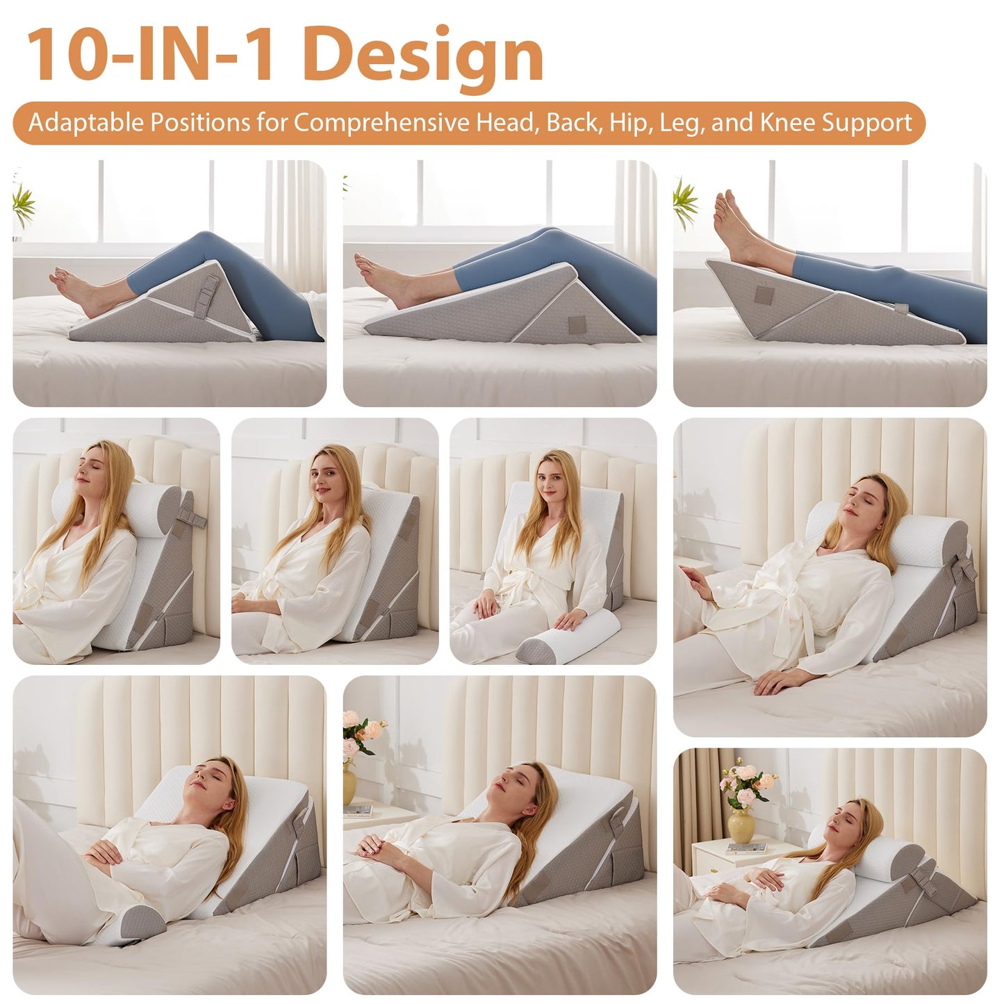 BIEEZZK Wedge Pillow Set for After Surgery, Wedge Pillow for Acid Reflux, Bed Wedge Pillow with Adjustable 9&12inch for Headboard,Sleeping, Orthopedic Memory Foam for Neck&Back Support, White/Grey