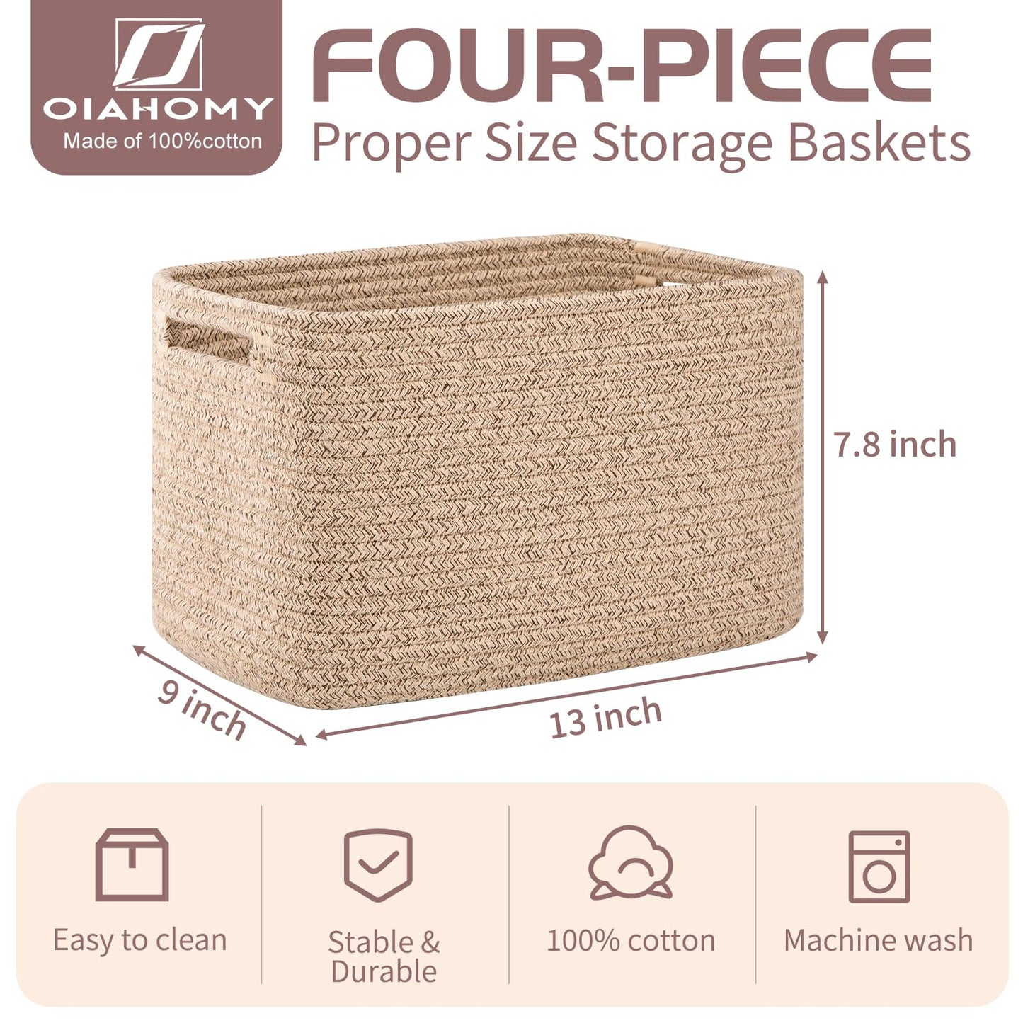 OIAHOMY 4 Pack Storage Baskets for Organizing, Cube Storage Bins for Shelves, Rectangle Storage Baskets With Handles, Woven Baskets for Storage, 12.7''Lx9''Wx7.8''H, Mixed Brown