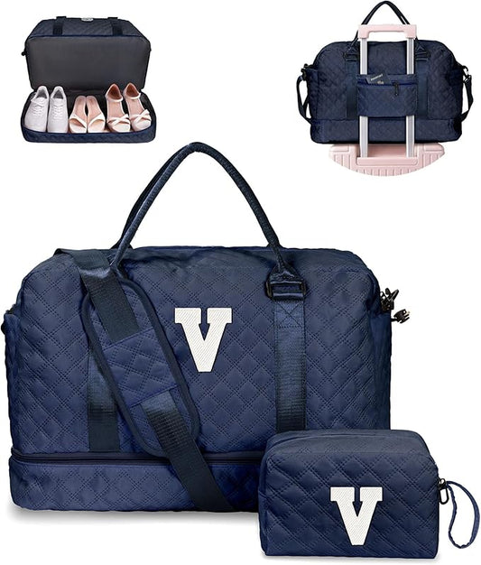Vogewood Gifts for Girls - Personalized Initial Duffle Bag with Shoe Compartment, Weekender Travel Bag, Makeup Bag, Navy Blue, 12x7x2 inches