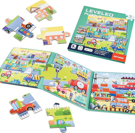 ASTARON Magnetic Puzzles for Toddlers, 25-30-42 Pieces Traffic Learning Magnet Puzzles for Road Trip, Educational Travel Toys Car Plane Activities for Kids, Kids Birthday Gifts