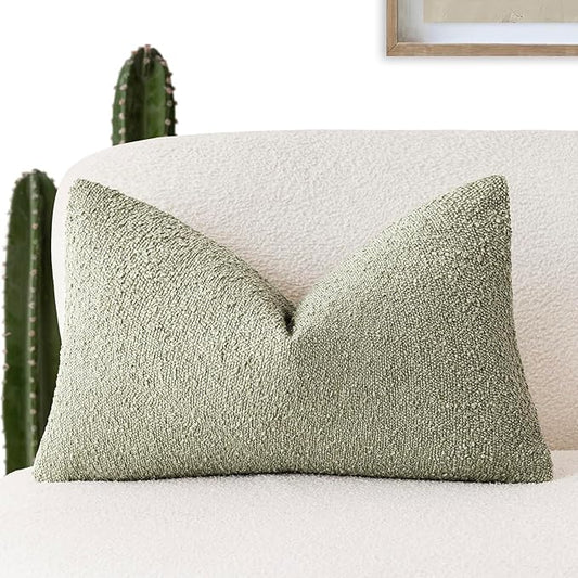 Foindtower Decorative Textured Boucle Throw Pillow Covers Accent Solid Lumbar Pillow Cases Neutral Soft Couch Cushion Case for Chair Sofa Bedroom Living Room Home Decor 12x20 Inch,1PC,Dirty Sage Green