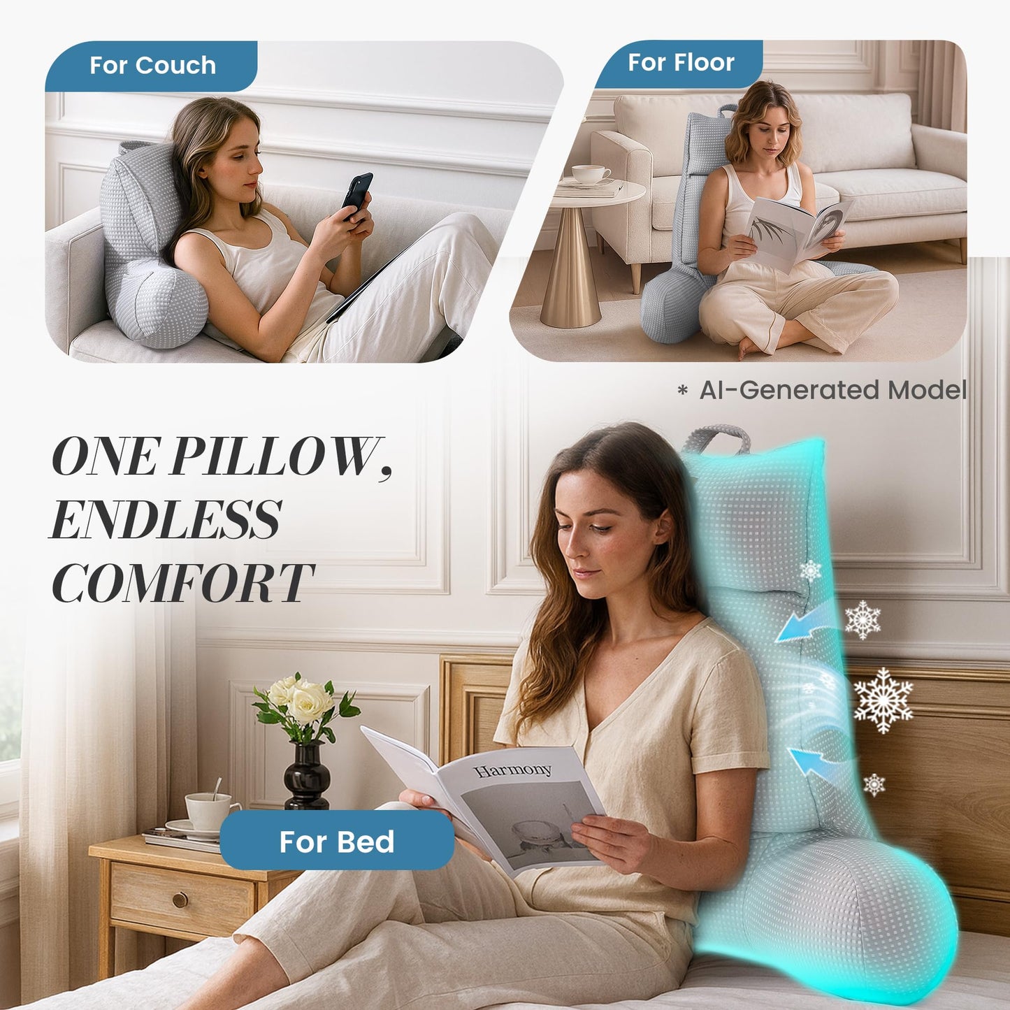 Amélie Home Cooling Reading Pillow with Arms for Adults, Breathable Waffle Fabric Bed Rest Pillow for Sitting Up, Ergonomic Back Support with Pockets for Gaming Relaxing, Cooling Gray, 25 Inches