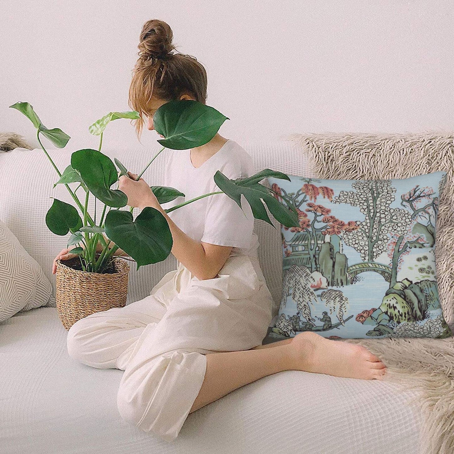 Wsunsal Chinoiserie Pillow Cover 22x22 Inch Set of 2, Asian Scenic Coral Green Blue Throw Pillows Farmhouse Chinoiserie Decorative Pillowcase Linen Cushion Cover for Home Sofa Bedroom Outdoor