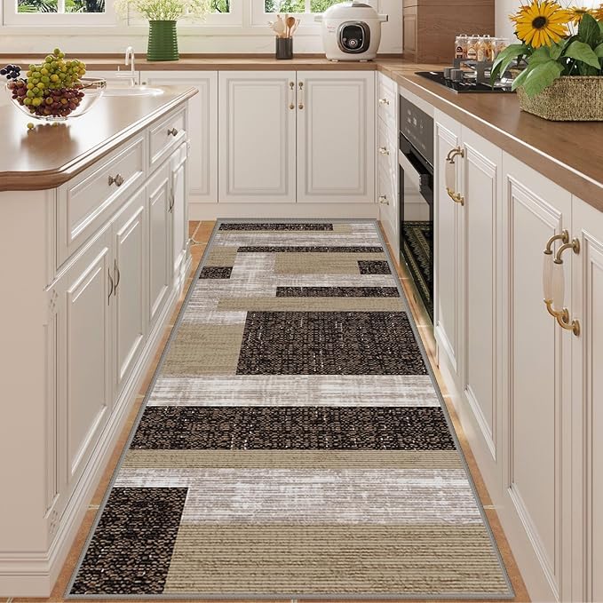 Modern Geometric Patchwork Long Hallway Rug Runners, 1.3x7ft, Neutral Brown Geometry Aesthetic Entrance Carpet, Absorbent Washable Foldable No Crease High Traffic Mat for Laundryroom
