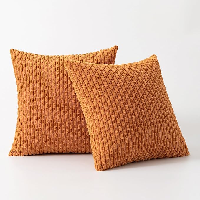 Kevin Textile Fall Throw Pillow Covers Soft Corduroy Decorative Set of 2 Boho Striped Pillow Covers Pillowcases Farmhouse Home Decor for Couch Bed Sofa Living Room 18x18 Inch Orange Yellow