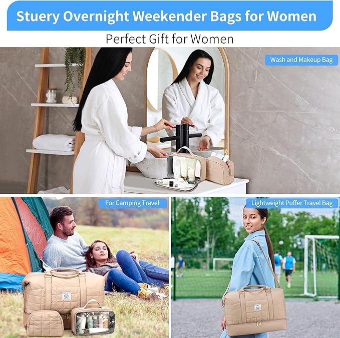 Weekender Bag, Large Travel Duffel Bag for Women, Carry on Overnight Bag with Shoe Compartment and Toiletry Bags
