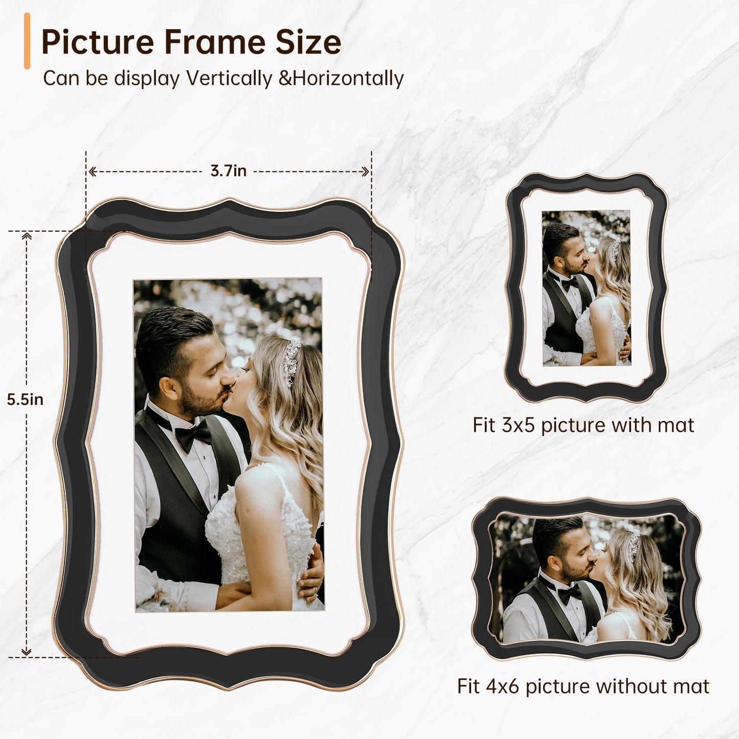 4x6 Enamel Picture Frame with HD-Tempered Glass, Display 3x5 Photo with Mat, Ornate Photo Frame with Gold Metal Edge & Velvet Back for Tabletop & Wall Mount Vertically or Horizontally Display, Black