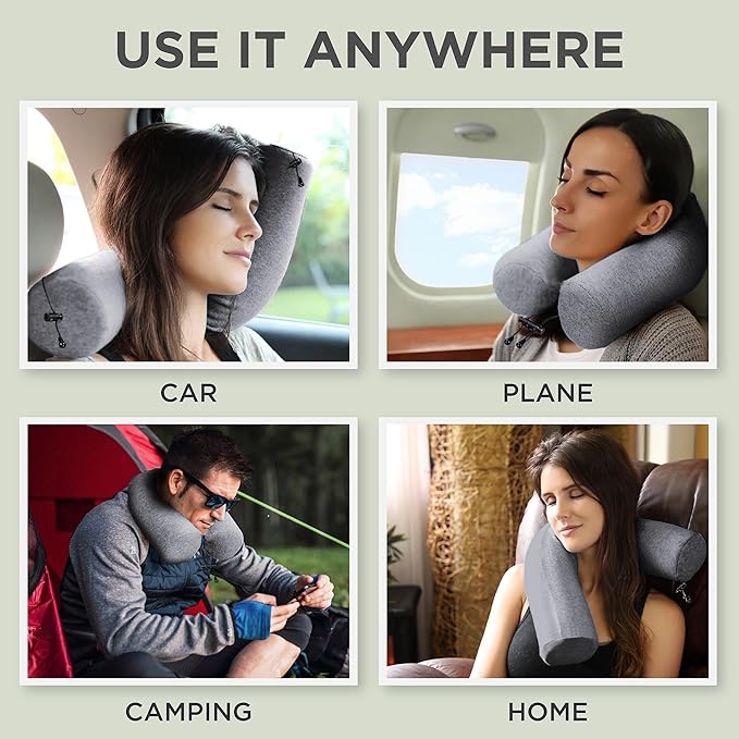Dot&Dot Twist Memory Foam Travel Pillow for Airplanes - Travel Neck Pillow for Sleeping - Airplane Pillow for Neck Support, Chin, Lumbar and Leg - Adjustable, Bendable Neck Roll Pillow (Gray DBlue AC)