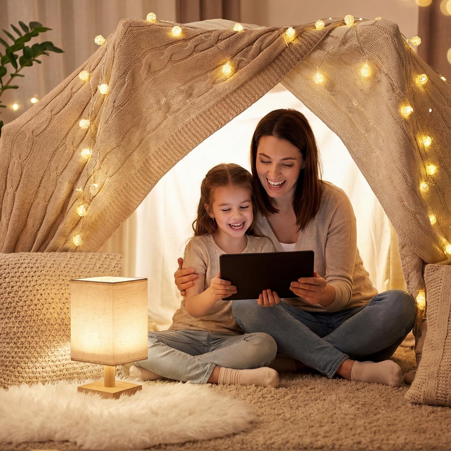 Oizuon Small Table Lamp Set of 2, Square Short Bedside Lamps 2700K Warm LED with Linen Shade & Wood Base, USB Mini Nightstand Lamps for Bedroom Living Room