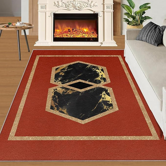 Abstract Marble Area Rugs Golden Hexagon Geometric Rug Vintage Red Marble Carpet European Medieval Geometry Carpet Mat for Bedroom Living Room 6x8ft