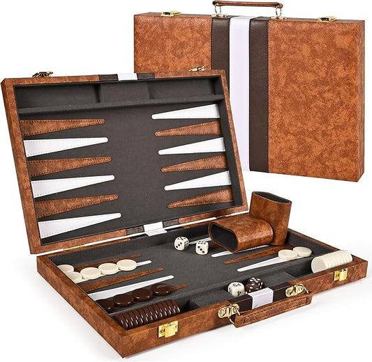 ropoda Backgammon Board Game Set (15 Inches) for Adults and Kids,Classic Board Strategy Game,Portable and Travel Backgammon Set with Premium Leather Case,Best Strategy & Tip Guide
