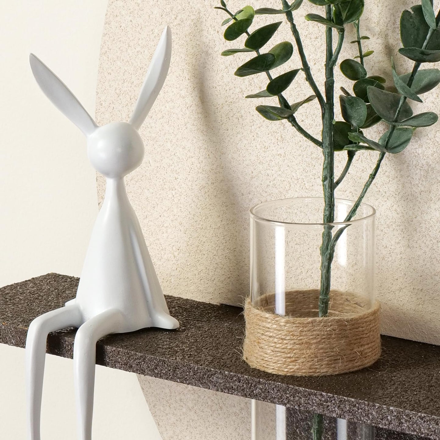 Troartos 3D Textured Neutral Abstract Wall Art with Vase, White and Brown Wall Decor with Rabbit Decoration, Minimalist Geometric Artwork for Living Room Hallway Dining Room Bedroom Office, 24x24 In