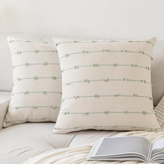 YEENAASY Boho Throw Pillow Covers 18x18 Set of 2 Modern Farmhouse Decorative Cushion Case Tufed Square Pillows Cover Neutral Pillow Cases Accent Pillowcase for Sofa,Couch,Bed,Beige and Green
