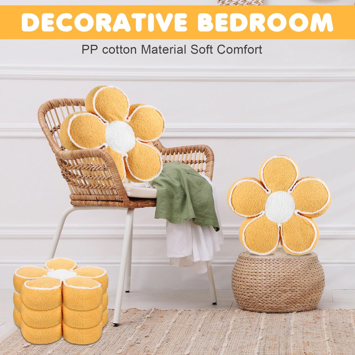 Menkxi 2 Pack Flower Pillows Cute Flower Shaped Pillows Daisy Pillow Throw Soft Floor Cushion for Living Room Bedroom Sofa Couch Winter Warm Decoration 15.7 Inch(Yellow)