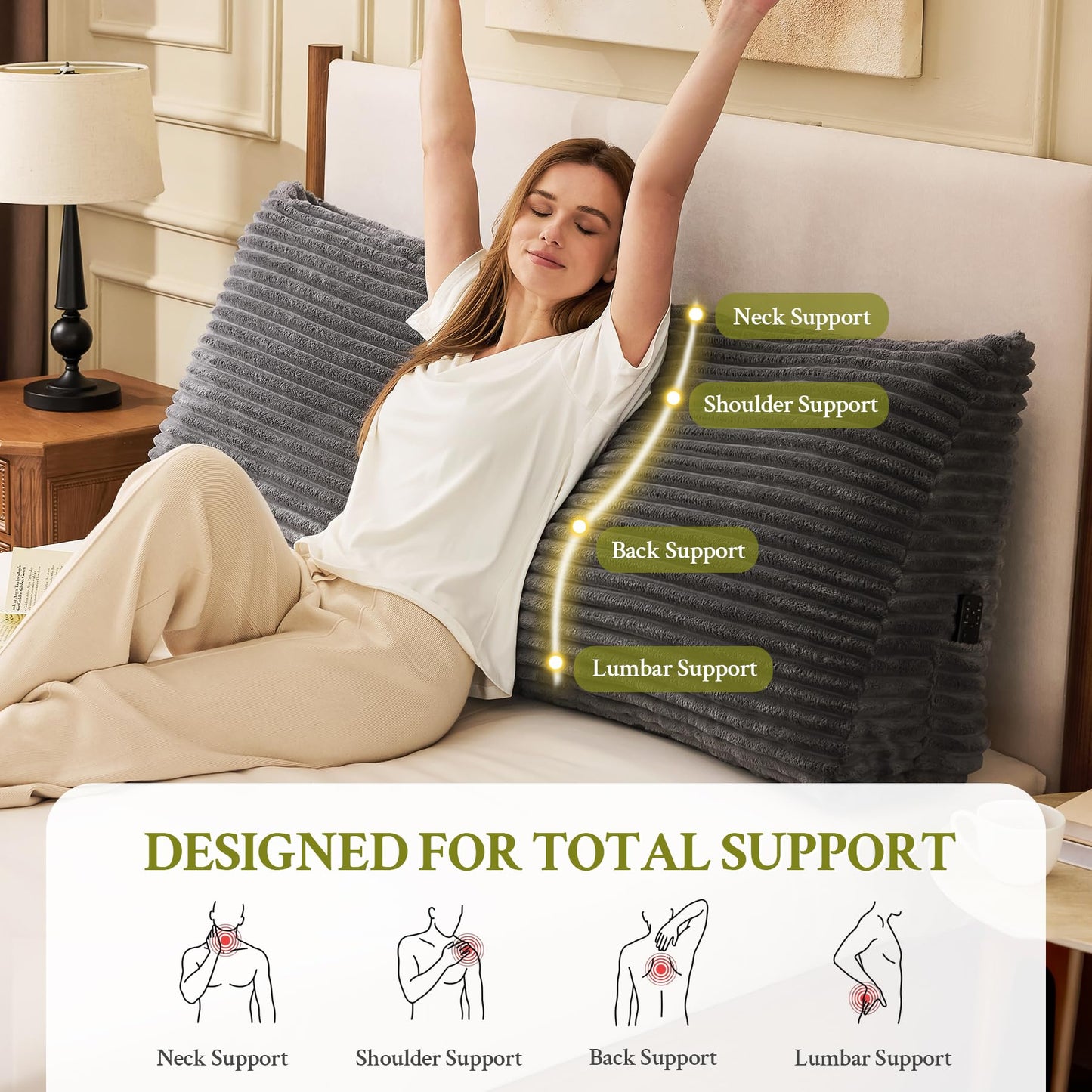 Zonamat Headboard Pillow Queen, Headboard Wedge Pillow, Back Rest Pillows for Sitting, Reading, Working, Triangle Pillow with Removable Cover, Daybed Pillows for Bed Dorm Sofa, Dark Grey