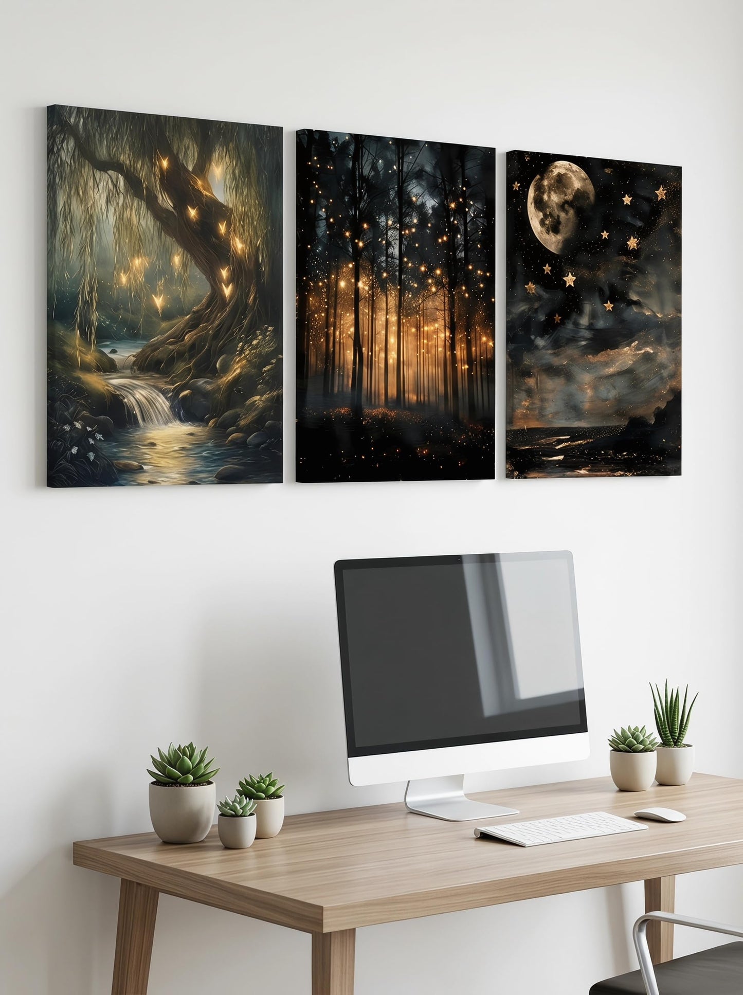 RYZopmuy Enchanted Forest Firefly Wall Art Set 3 Framed Moon Canvas Prints