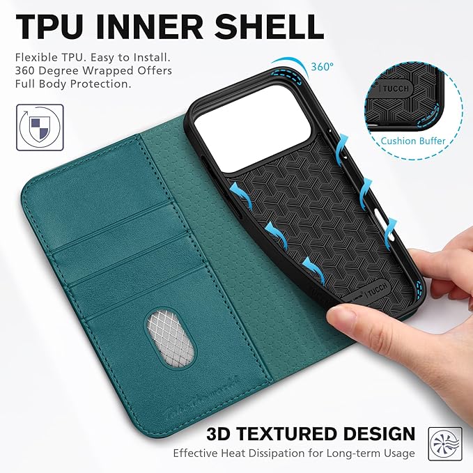 TUCCH Case Wallet for iPhone 17 Pro Max (6.9-Inch) 2025, [3 Card Slots] Kickstand [RFID Blocking] PU Leather Case, Flip Folio Cover with [TPU Shockproof Interior Shell], Teal Green