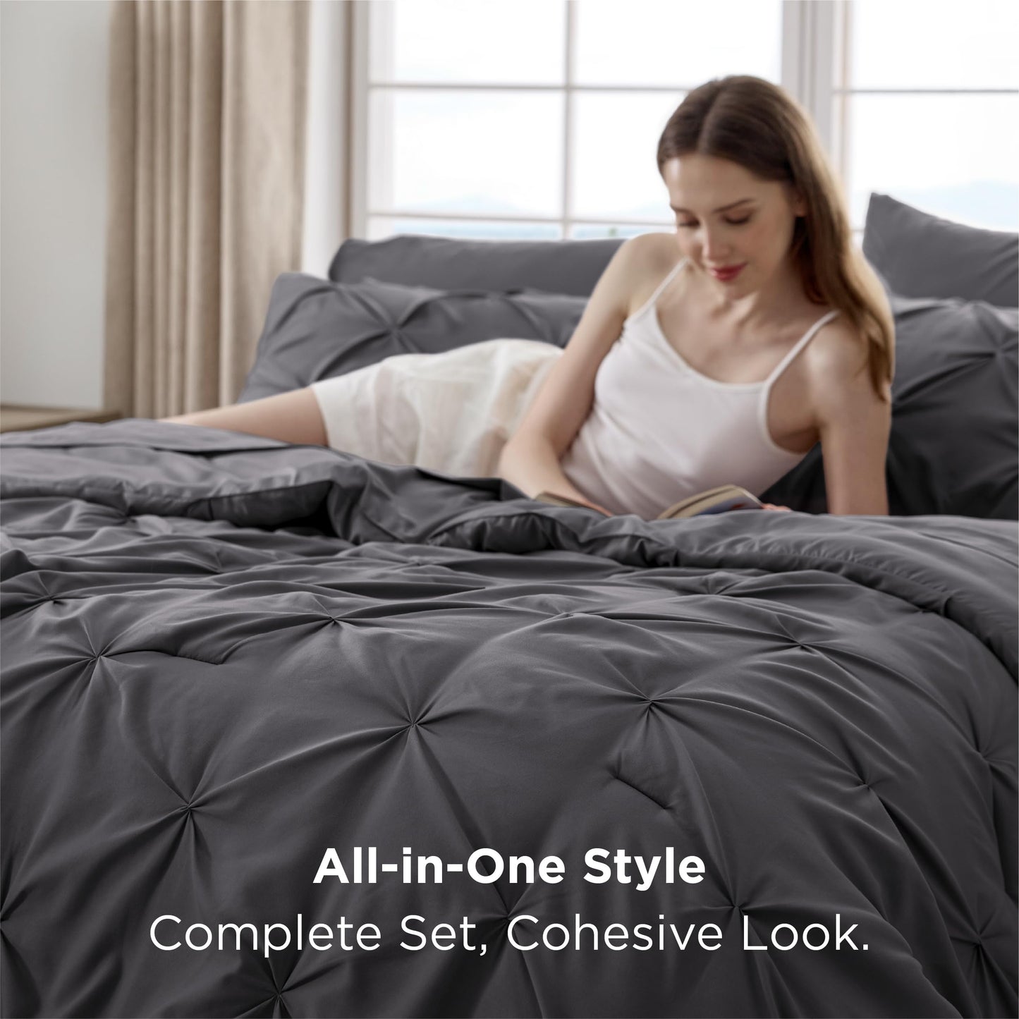 Bedsure Queen Comforter Set Dark Grey - Bed in a Bag Queen Size Bedding 7 Pieces, GentleSoft™ Pintuck Bed Set Gift for Family, All Season Down Alternative Comforter with Sheets, Pillowcases & Shams