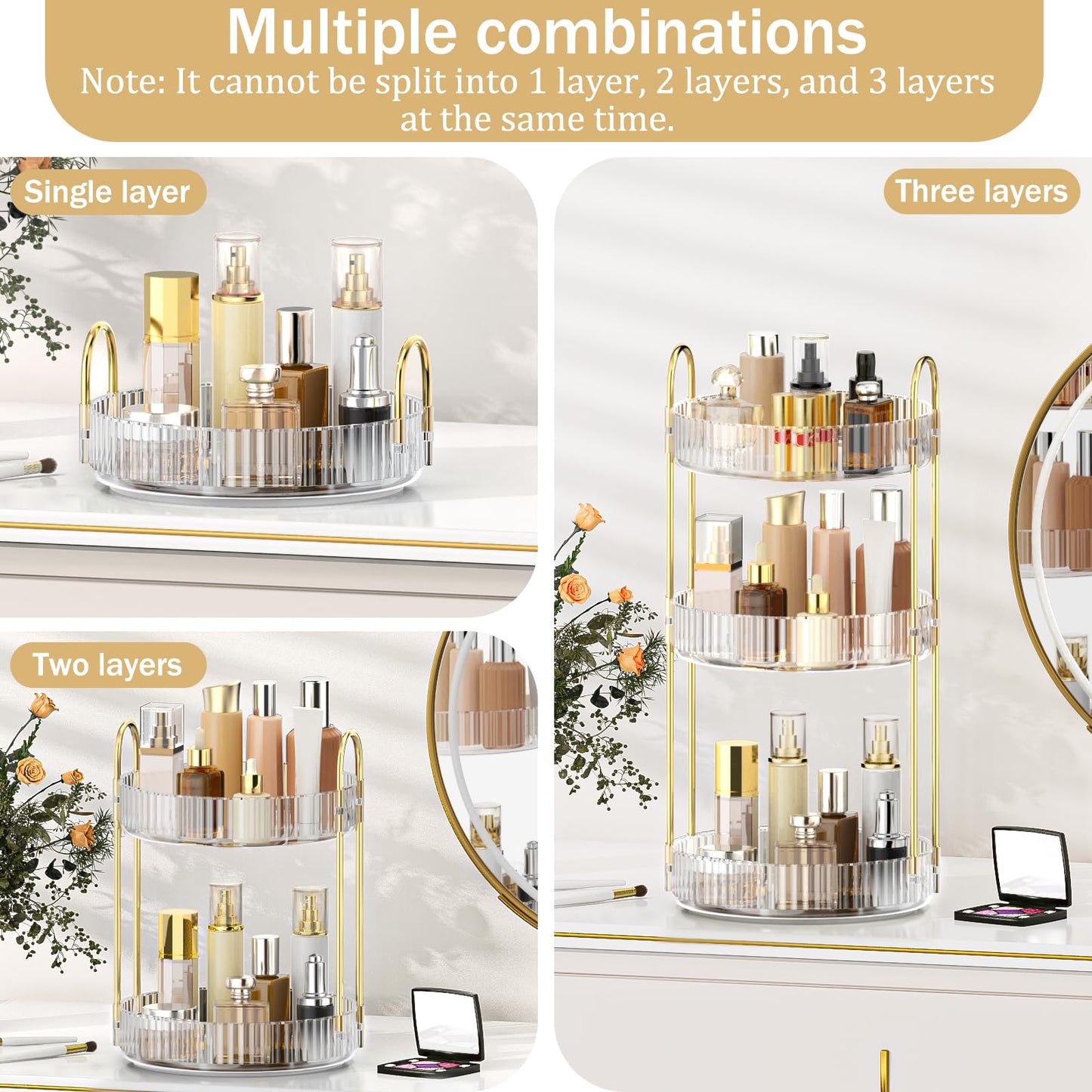 MOKANI 360 Rotating Makeup Organizer for Vanity, 3 Tier Adjustable Perfume Organizer for Dresser, Multi-Function Spinning Cosmetics Skincare Storage for Bedroom, Dresser, Countertop, Clear