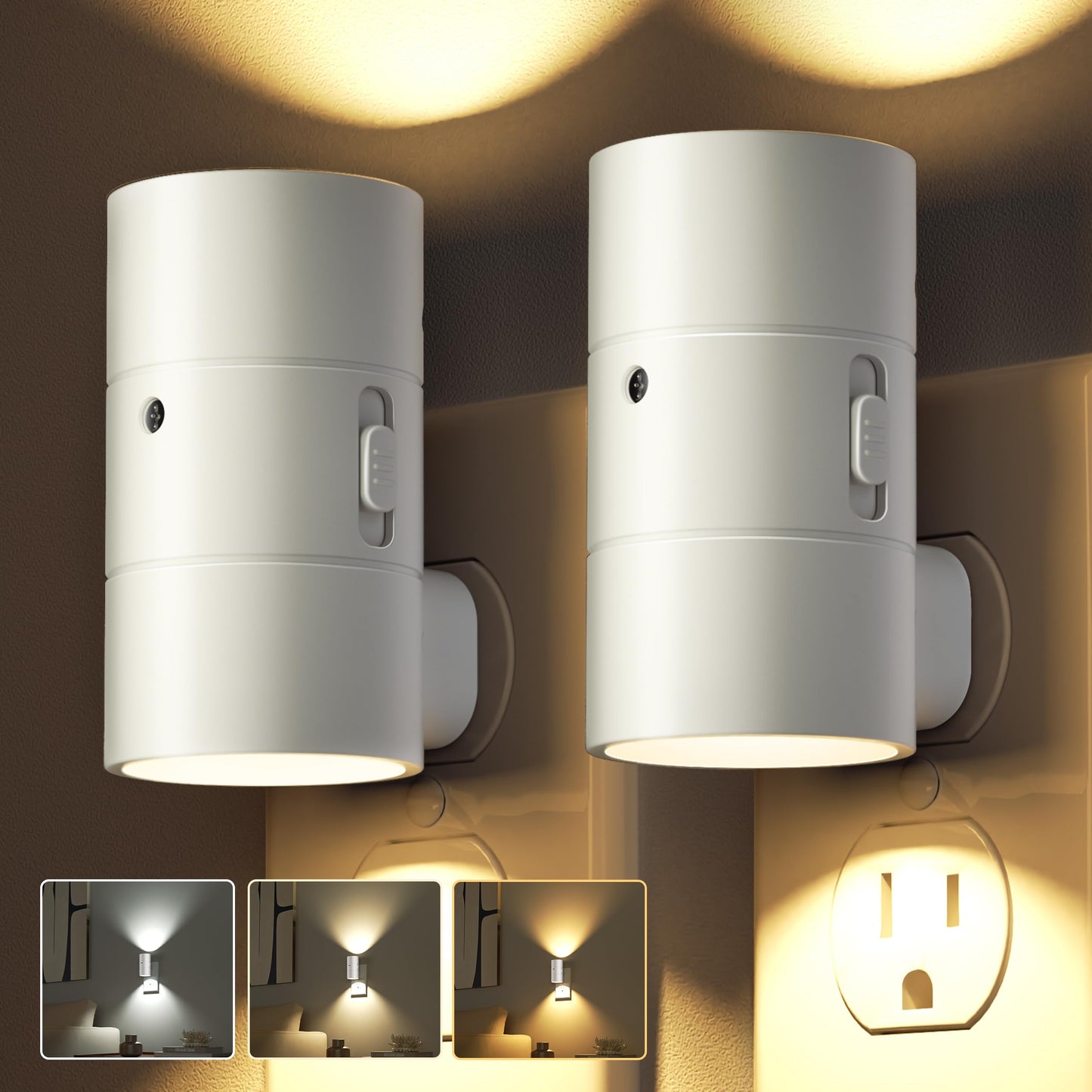 JOFIOS Night Lights Plug Into Wall,Dimmable LED Nightlight with Dusk to Dawn Light Sensor,0-100LM Adjustable Brightness,3 Color Temperatures,Night Light for Hallway Bathroom Stair Bedroom,White,2 Pack