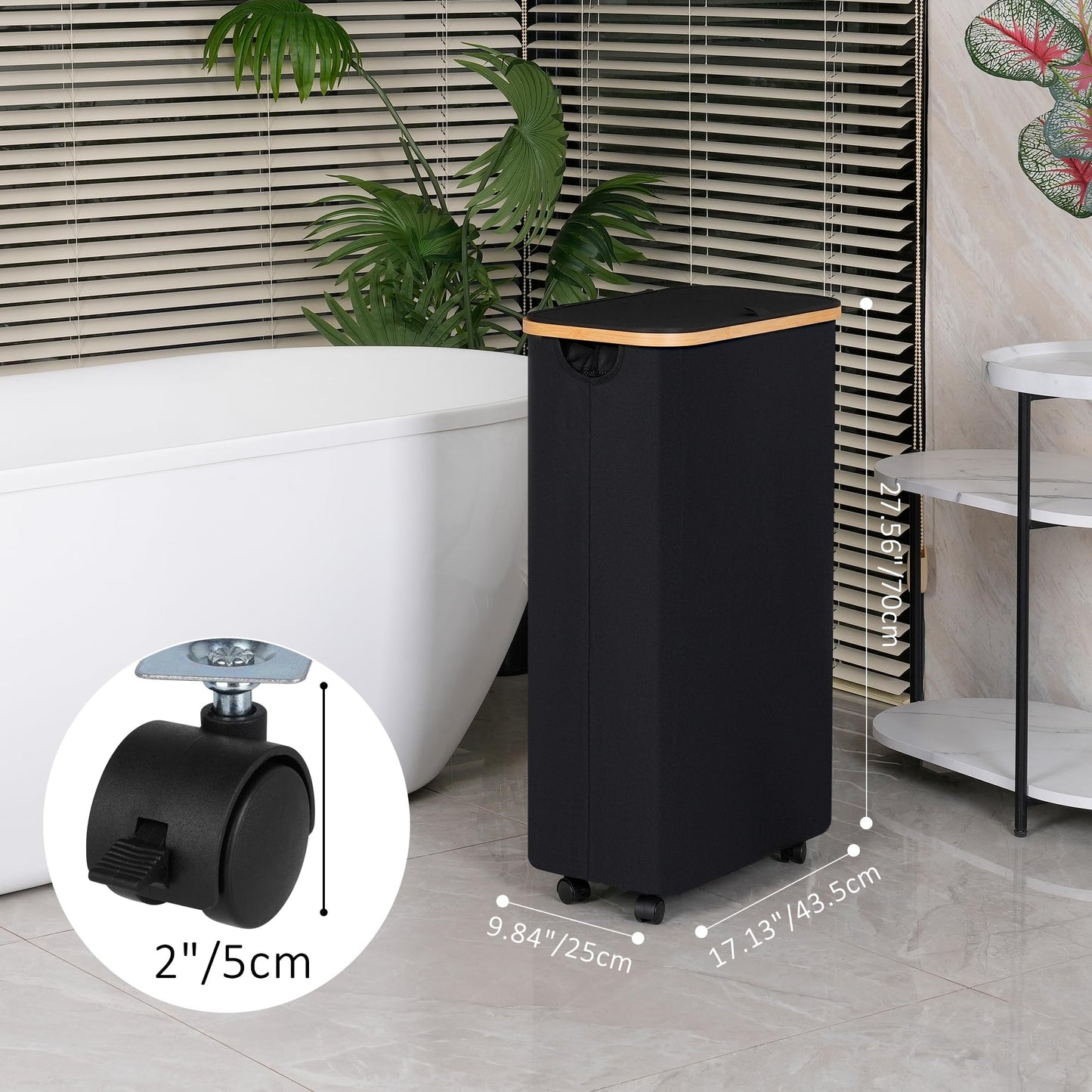 Laundry Hamper with Wheels,75L Laundry Basket with lid Rolling Clothes Basket Foldable Dirty Clothes Hamper on wheels with Bamboo Frame and Bag for Bedroom, Dorm, Laundry Room,Black(20 Gal)