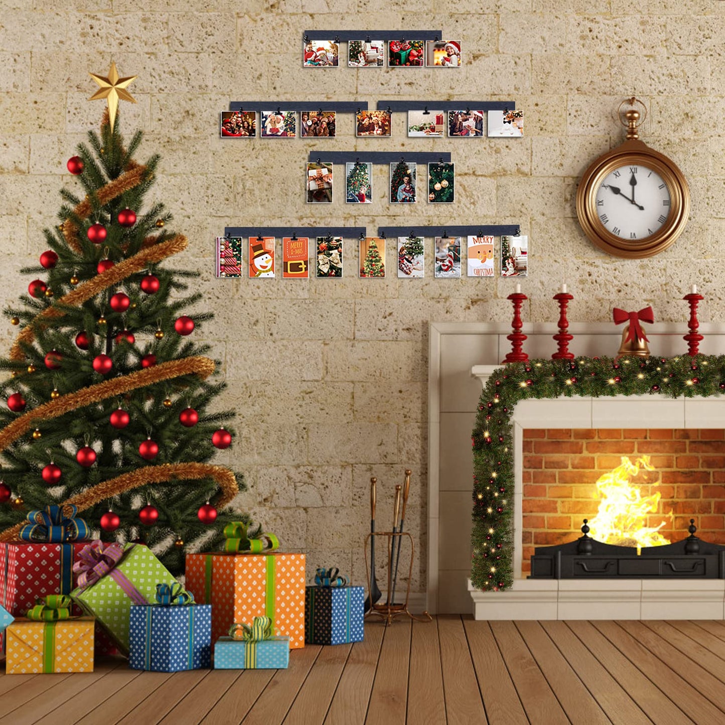 Aiyome 6 Picture Frames Collage Wall Decor With 30 Clips, Wood Photo Frame, No Drilling Required, Adhesive Stickers, Easy to Install, Black.