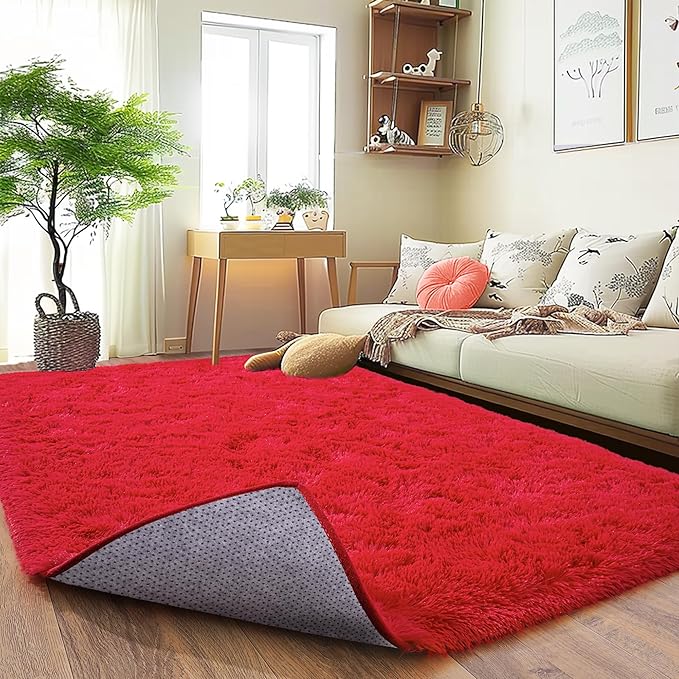 Ultra Fluffy Rug for Living Room Bedroom, 5x7 Fuzzy Large Area Rug for Living Room, Plush Soft Shag Carpet for Girl Boy Kids, Non Slip Rug Modern Indoor Home Decor Aesthetic, Red