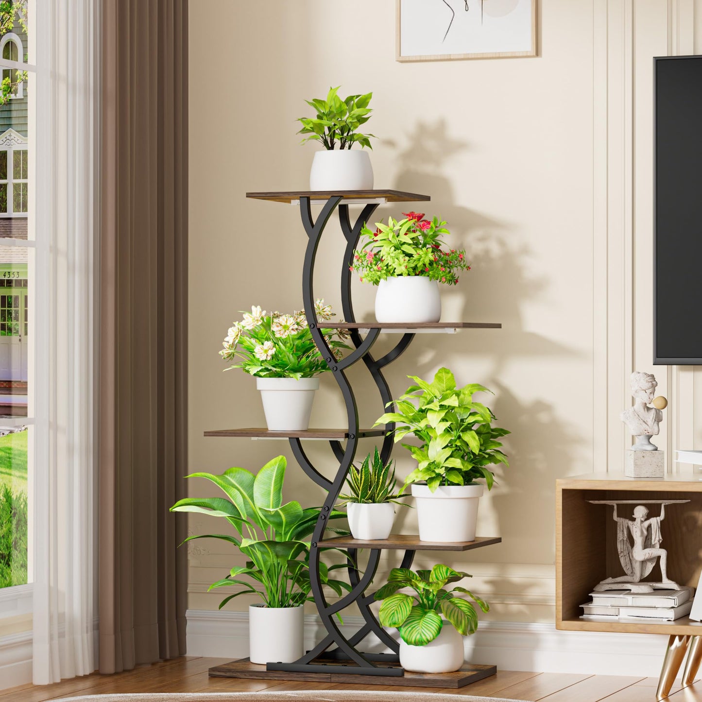 Plant Stand Indoor with Grow Lights - 5 Tiered Corner Plant Shelves (Black)
