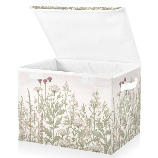 xigua Vintage Colorful Herbs and Wild Flowers Floral Storage Bins with Lids and Carrying Handle,Foldable Storage Boxes Organizer Containers Baskets Cube with Cover for Home Bedroom Closet Office