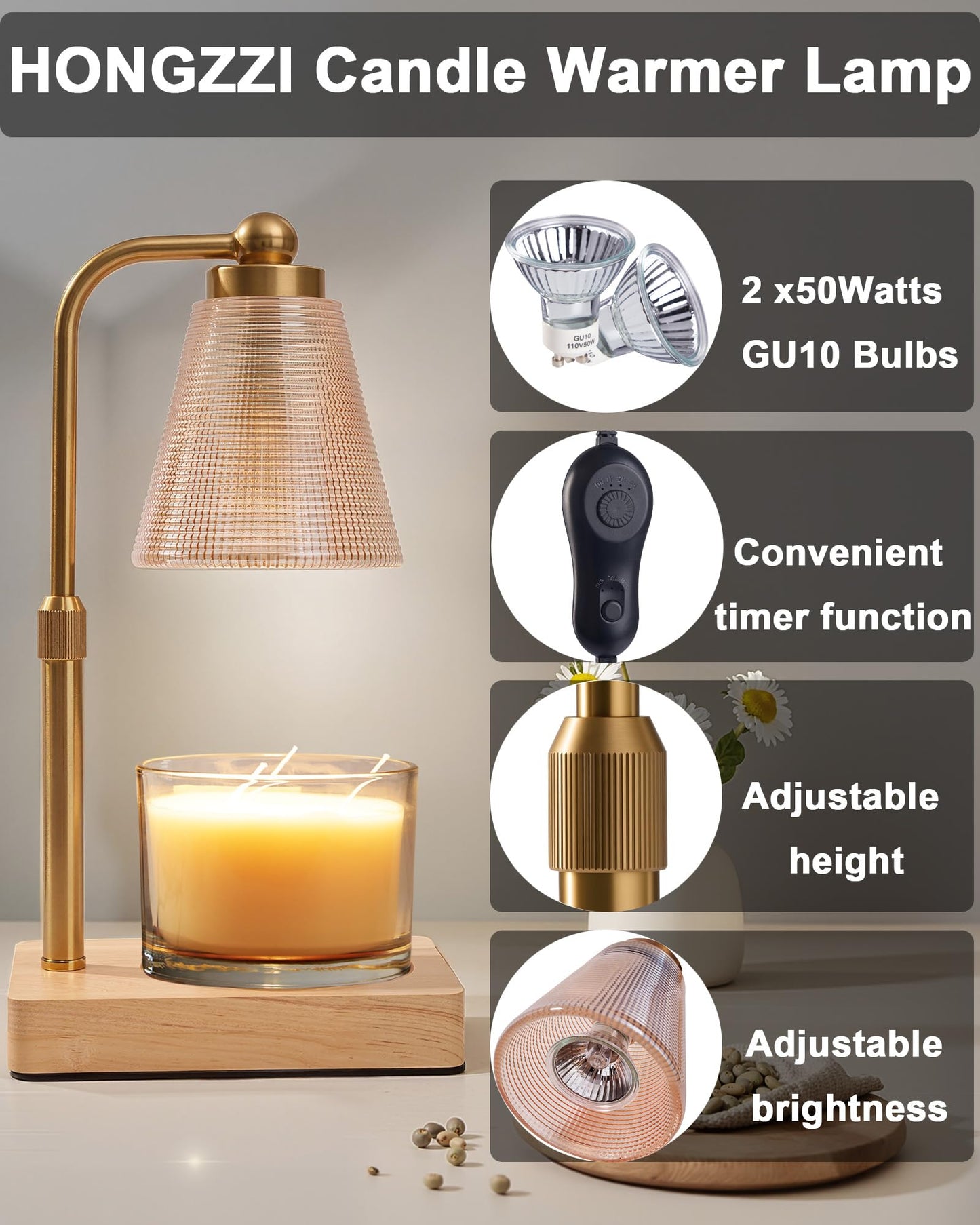 HONGZZI Candle Warmer Lamp with Timer - Adjustable Height & Brightness - Wood Base Glass Shade - 2 Bulbs Included(Square Gold)