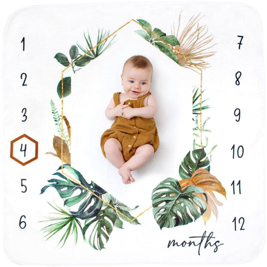 Baby Monthly Milestone Blanket for Boys and Girls - Soft Thick Fleece 46"x46" - Perfect Photo Growth Chart for First 12 Months - Extra Cozy for Pictures, Creating Monthly Memories - Tropical Design