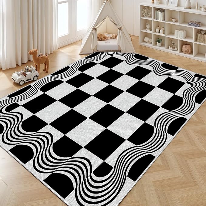 Checkered Area Rug 8x10, Checkerboard Rug, Geometric Plaid Washable Rugs, Modern Checkered Area Rugs, Wavy Line Carpet Non Slip for Bedroom Retro Home Decor Mat
