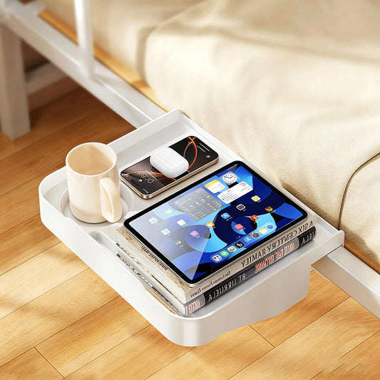 Blissfuhue Bedside Caddy for Dorm Bed - Clip On Nightstand with Cup Holder, Floating Bed Side Table Tray Storage,College Dorm Room and Kids Room Essentials,Blending Decor and Storage （White）