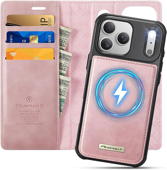 PlusnapX Wallet Case for iPhone 17 Pro Compatible with Magsafe, 2-in-1 PU Leather Flip RFID Blocking Card Holder Stand Shockproof Magnetic Detachable Cover for iPhone 17 Pro Case 6.3", Pink