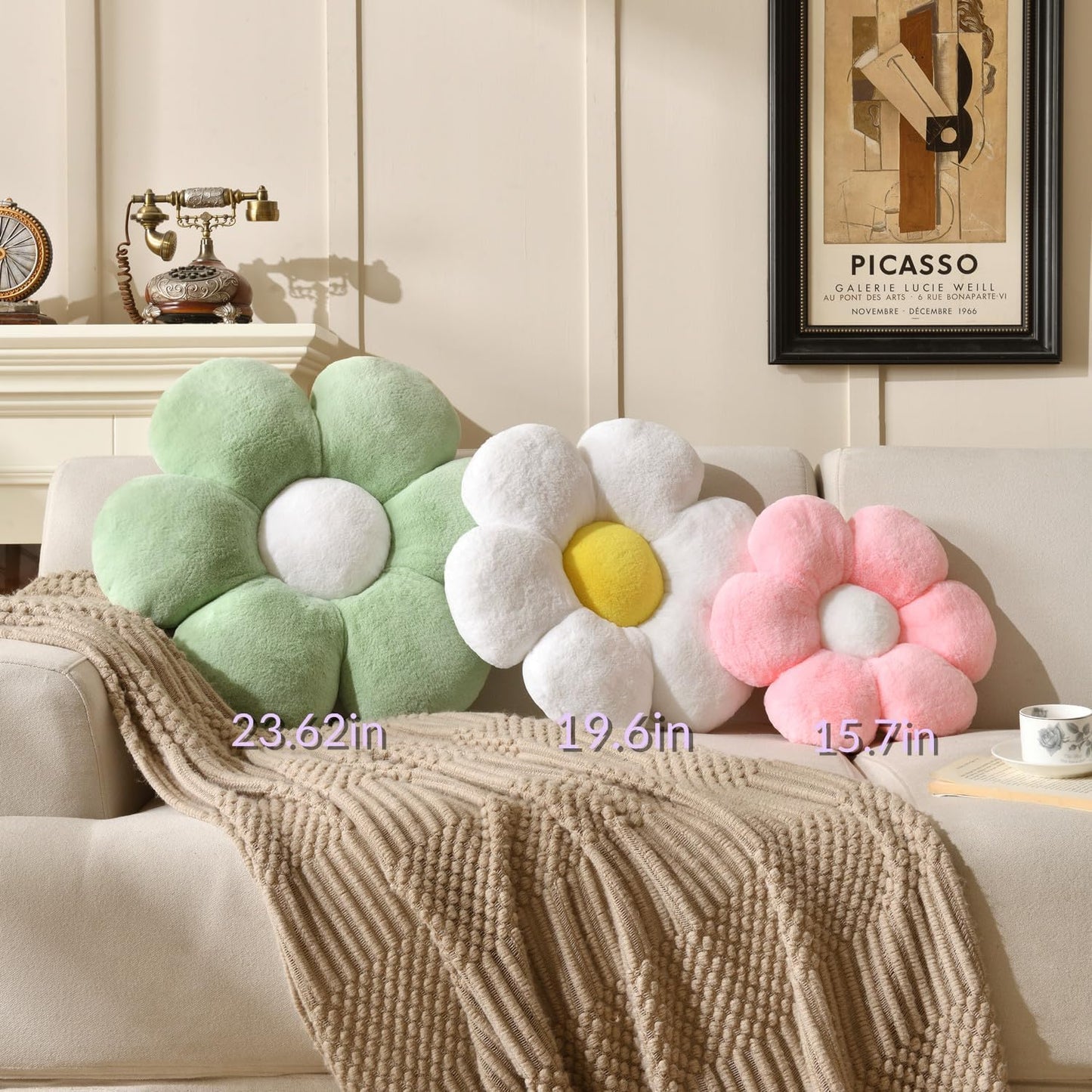 Vdoioe 3PCS Flower Pillow Set,Flower Throw Pillow 15.7In Daisy Pillow Cute Decorative Pillow Cushion Home Decor& Plush Pillow for Sofa Couch Bed Reading Tent.
