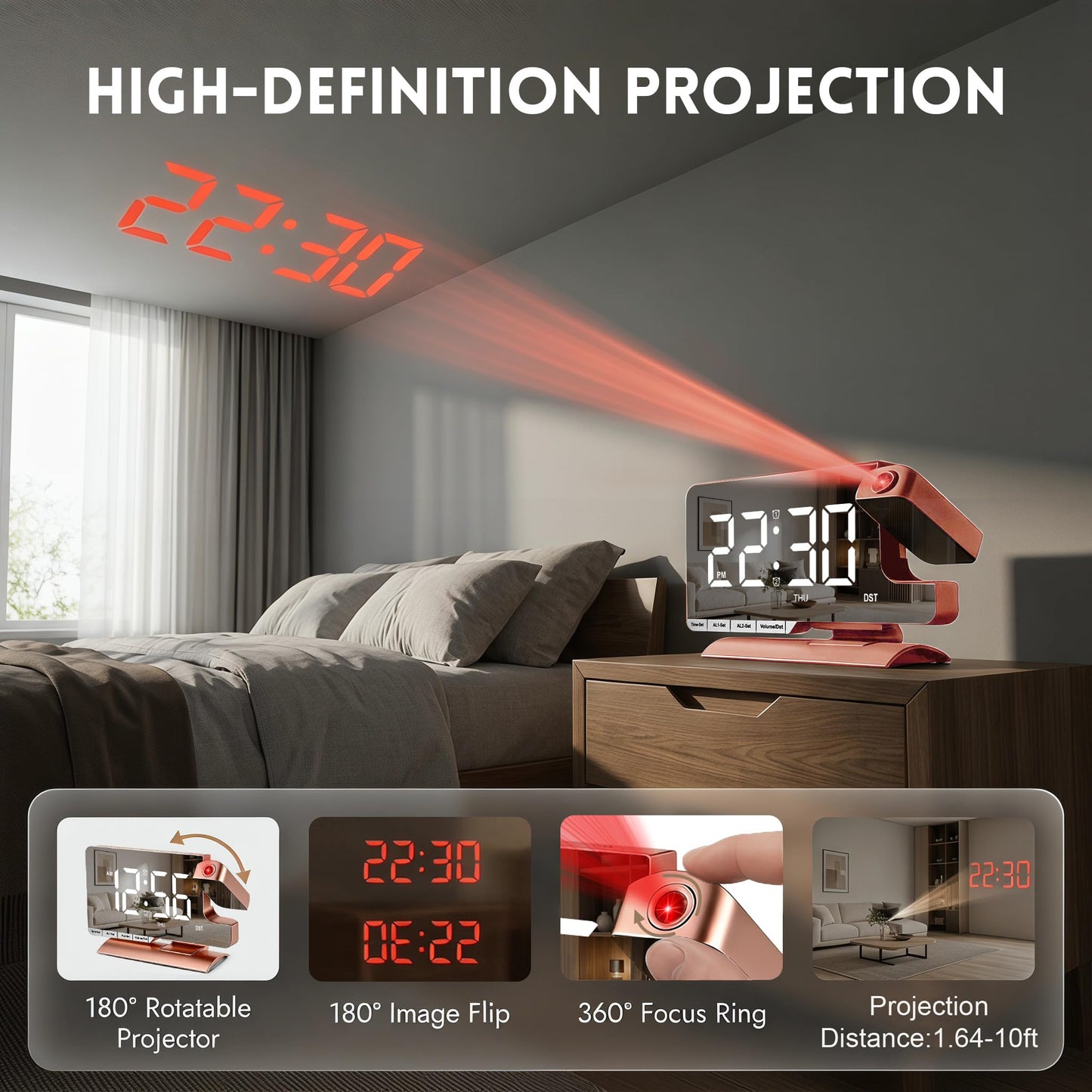 Projection Clock,Alarm Clocks for Bedrooms,7.3"Mirror Bedside Clock with 180°Rotating Projector,6 Brightness Adjust,Dual Alarm with 3 Mode,Date,DST,Charging Port,5 Levels Volume for Home Decor