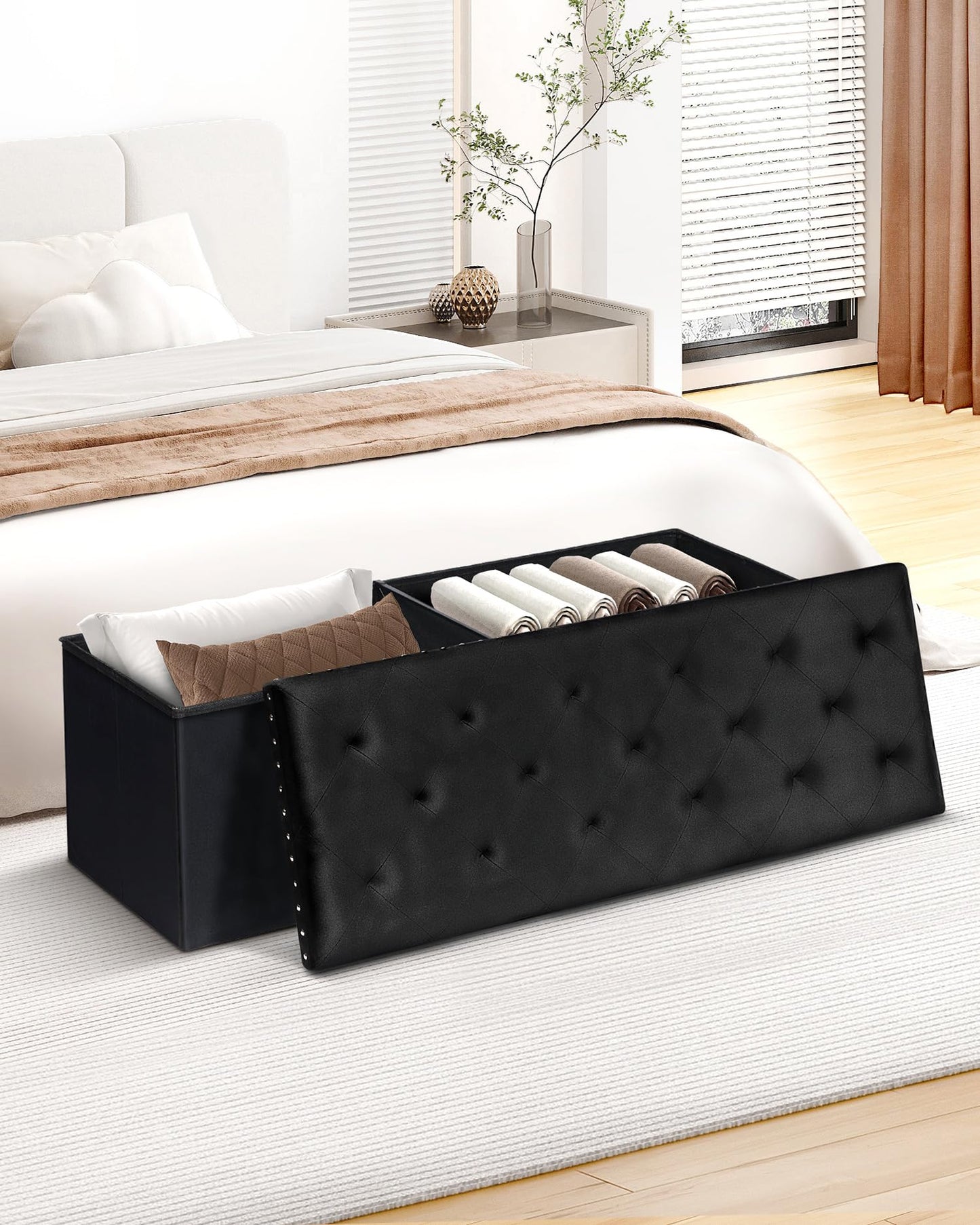 B FSOBEIIALEO Storage Ottoman Bench, Folding Tufted Ottomans with Storage, Extra Large 140L Storage Boxes Footrest Bench for Bedroom, Luxury Velvet Fabric 43 Inches Black