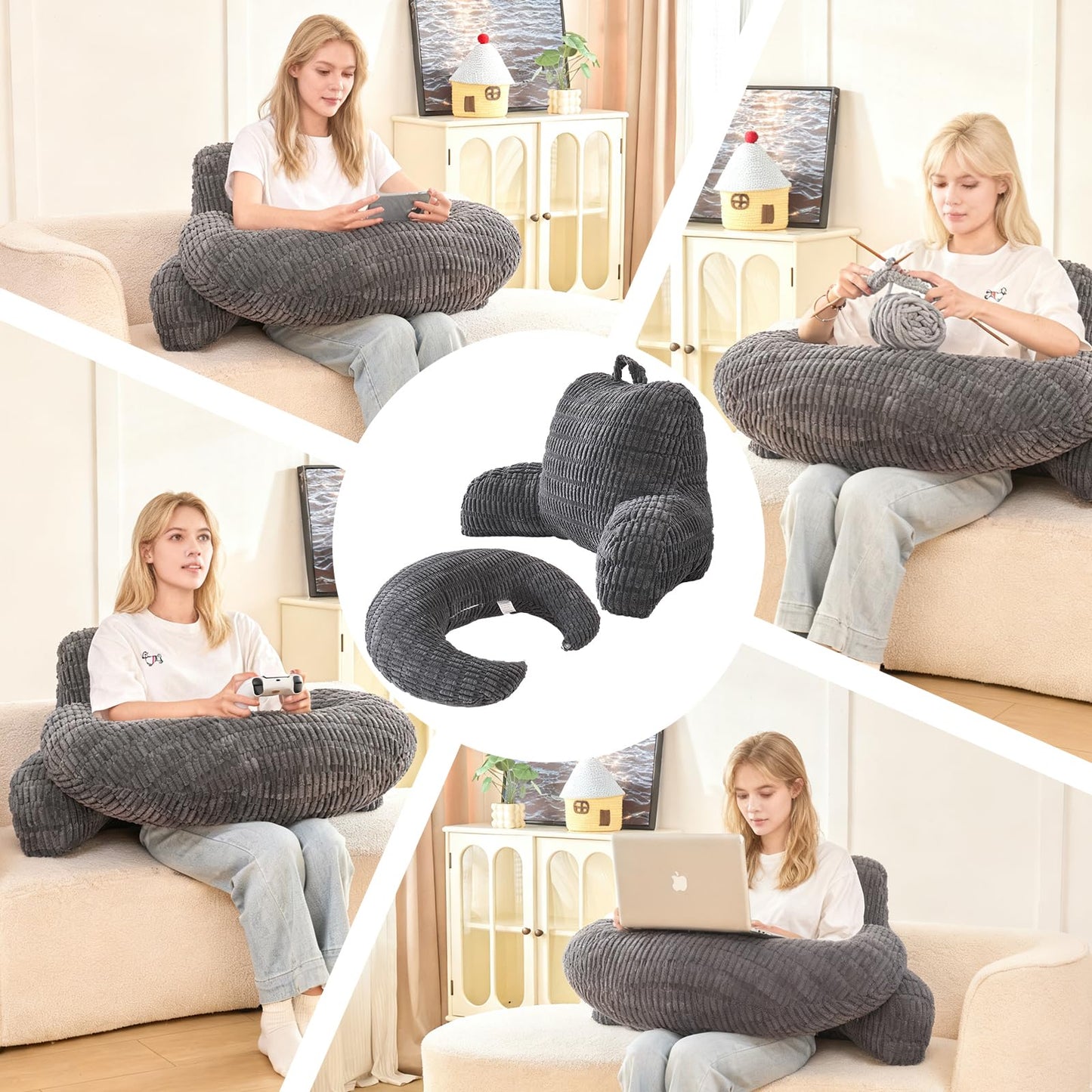 PAJEO Reading Pillow for Bed 17",Durable Striped Corduroy U Shaped Backrest with Arm Support,Ergonomic Gaming Cushion for Students,Small Bedroom Lounging,Medium - Gray
