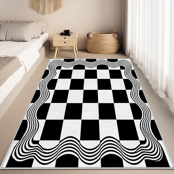 Checkered Area Rug 8x10, Checkerboard Rug, Geometric Plaid Washable Rugs, Modern Checkered Area Rugs, Wavy Line Carpet Non Slip for Bedroom Retro Home Decor Mat